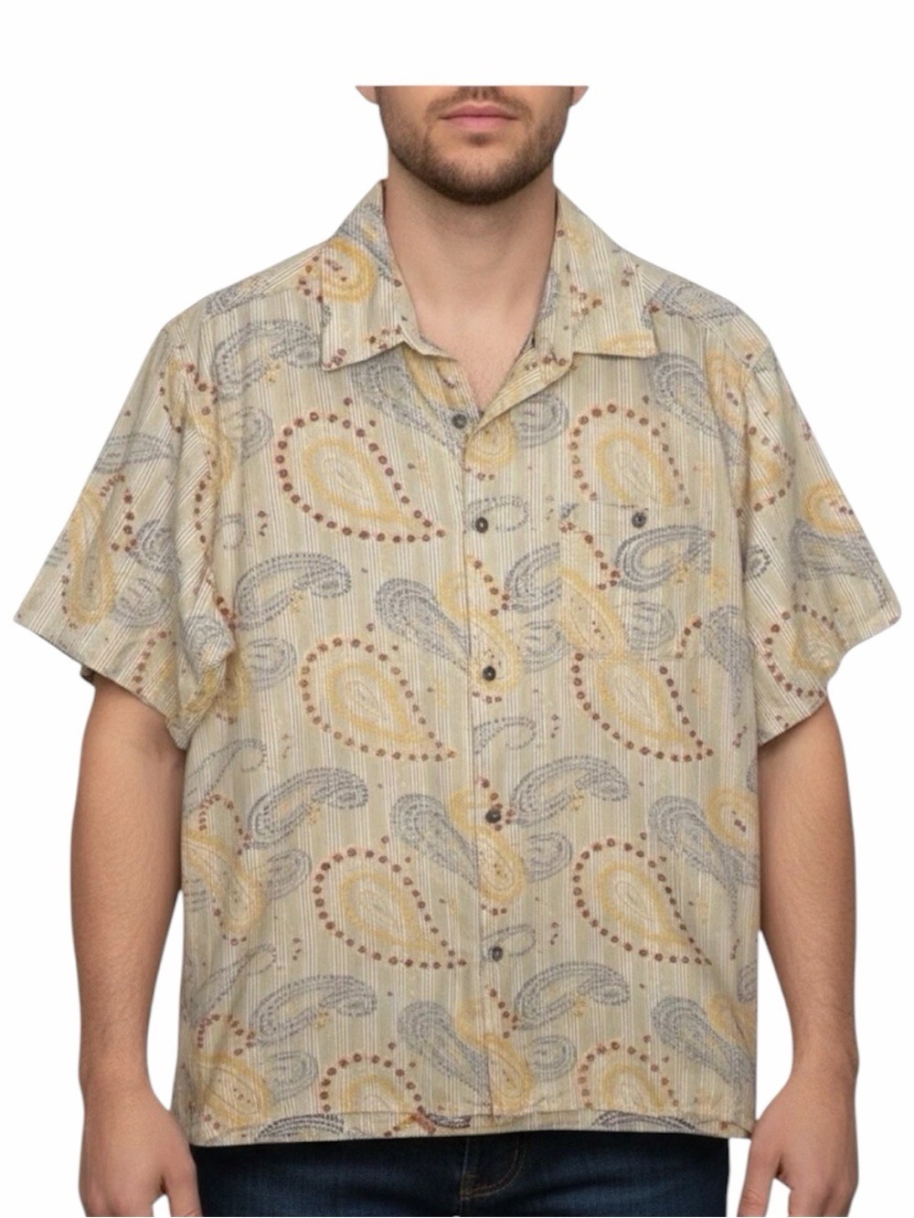 True Grit Paisley Stripe Button Front Shirt Tan Short Sleeve Size Large
